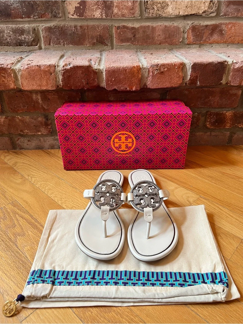 Tory Burch Ivory & Silver Metal Crystal Embellished Miller Sandals